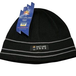 Official Salt Lake 2002 Winter Olympics 100% Wool Beanie Hat Black Striped NWT